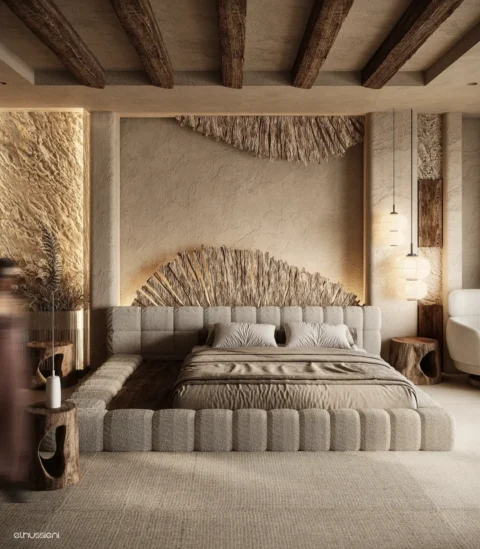 A modern boho bedroom with a low-profile tufted bed, textured beige walls, and rustic wooden ceiling beams.