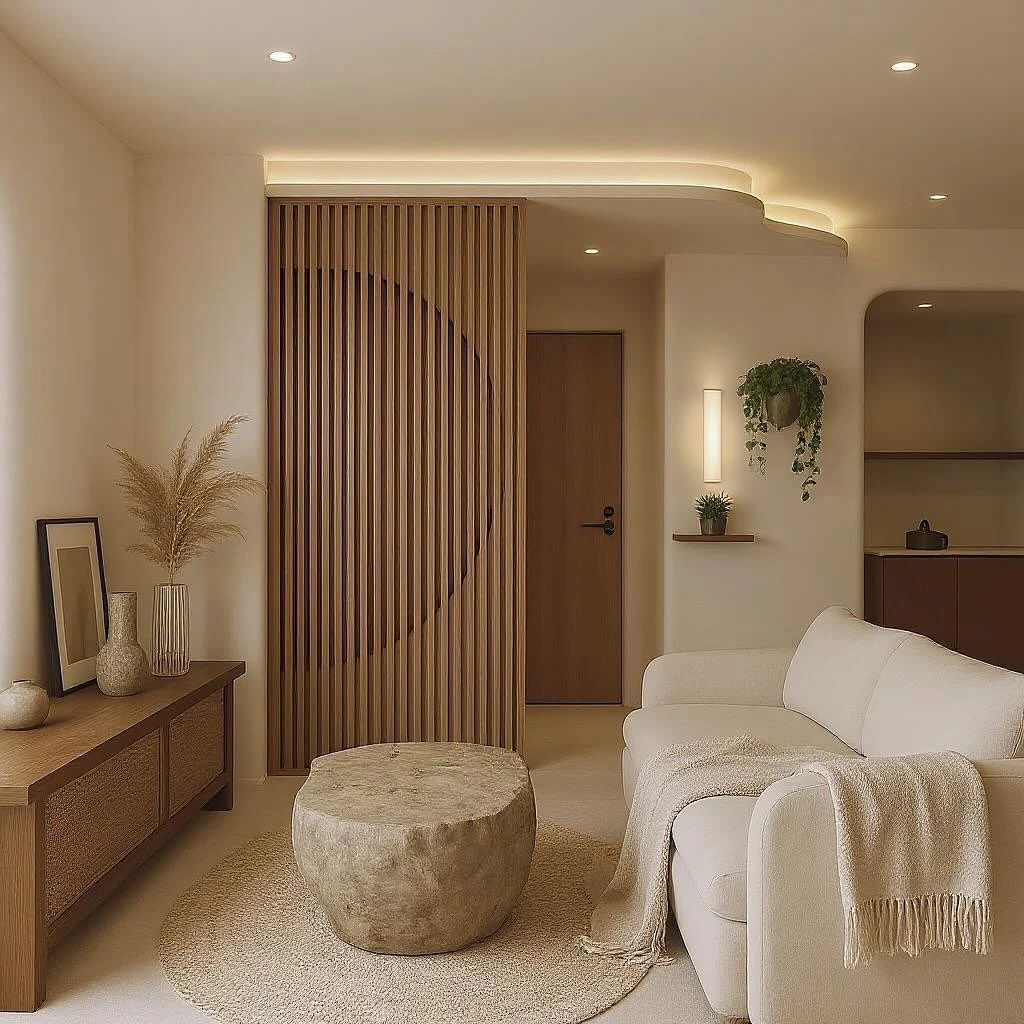 Wabi Sabi interior decor ideas featuring a minimalist living room with a stone coffee table, a cream sofa, and a wooden slat room divider.