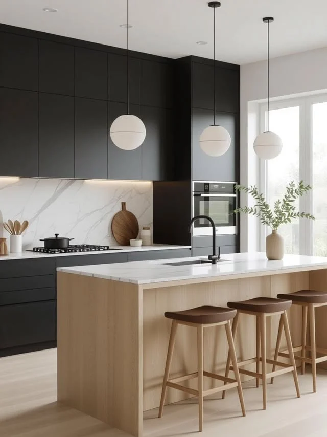 Modern japandi kitchen decor featuring black cabinets, a light wood island, and minimalist globe pendant lights.