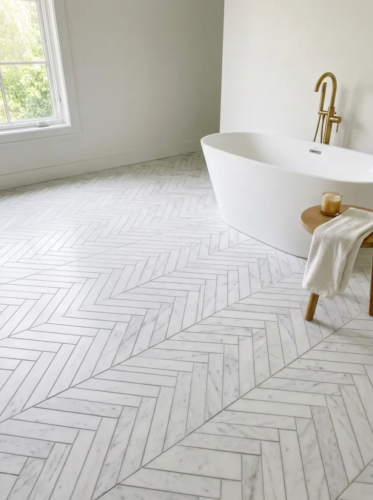 Bright bathroom floor showcasing elegant bathroom tile ideas with white marble herringbone patterned tiles and a freestanding soaking tub