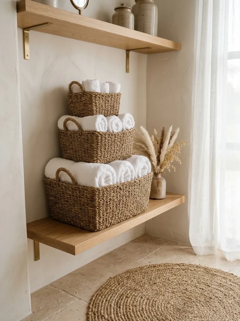 Cozy neutral space showcasing wayfair bathroom decor with a stack of three woven storage baskets holding rolled white towels on a floating wood shelf.