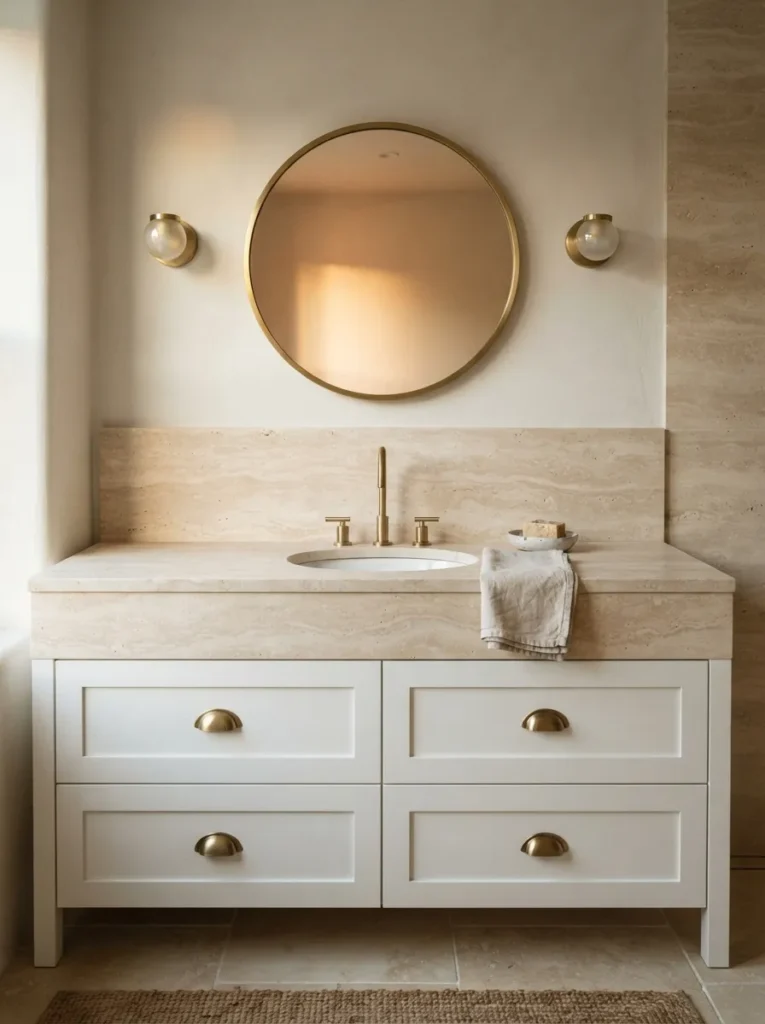 Elegant vanity space showcasing bathroom decor ideas with a round brass mirror, white shaker drawers with gold cup pulls, and a beige travertine countertop