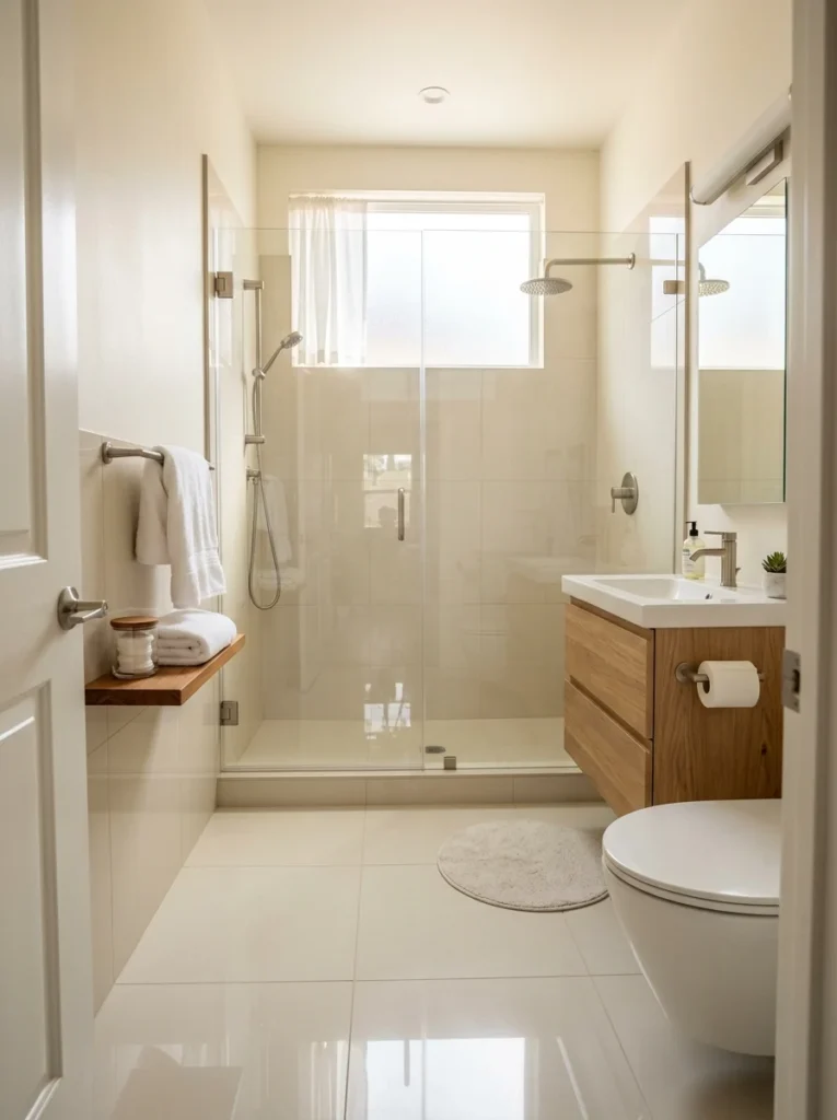 Modern neutral space showcasing small bathroom ideas with a glass-enclosed walk-in shower, a floating wood vanity, and beige wall tiling