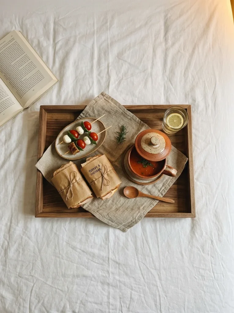 Cozy bed setup showcasing creative dinner in bed ideas with a wooden tray serving soup, wrapped sandwiches, and caprese skewers.