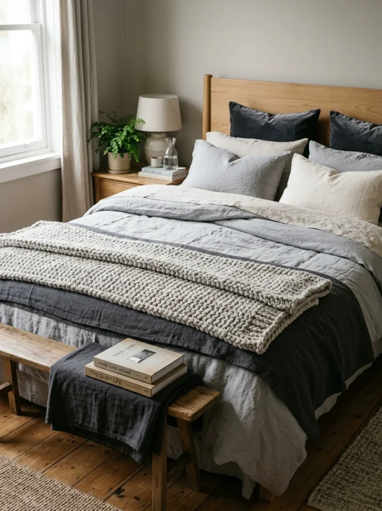 Serene Scandinavian space showcasing light gray bedroom ideas with layered linen bedding, a chunky knit throw, and a wooden bed frame