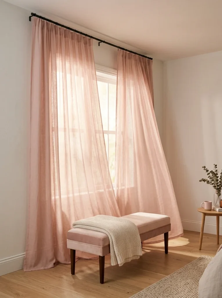Soft and elegant photography setup showcasing boudoir background ideas with dusty pink sheer drapes, a velvet bench, and natural window light.