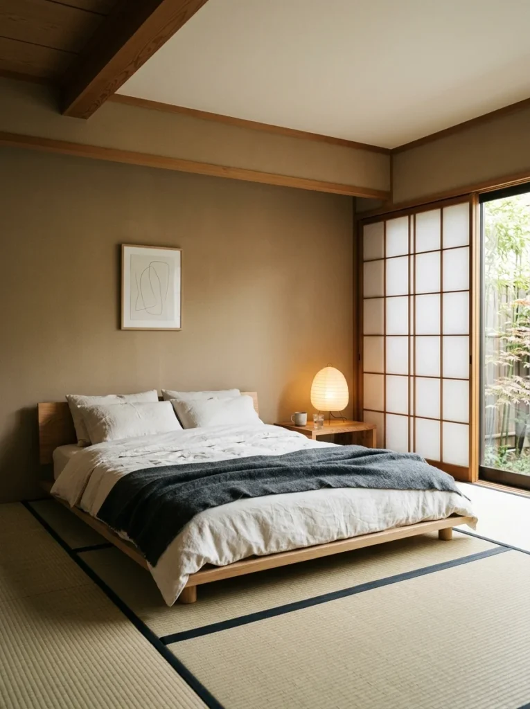 Minimalist Japanese bedroom featuring a low platform bed on woven tatami mats, paper lantern, and sliding shoji doors inspired by bed alternatives ideas