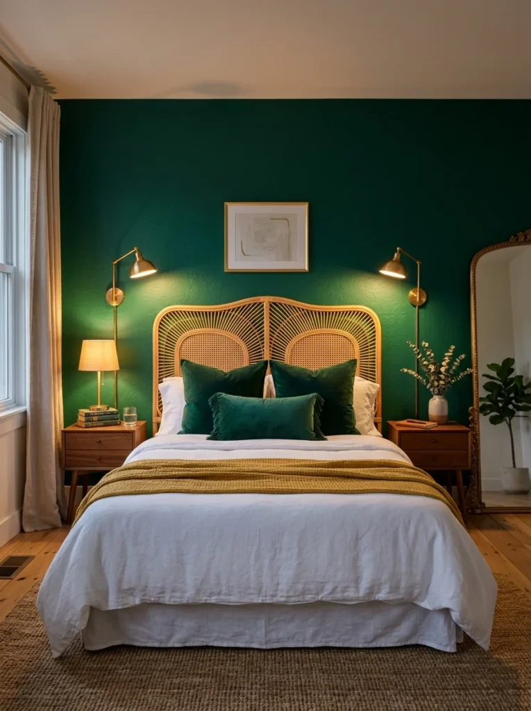 Cozy bedroom with a deep forest green feature wall, woven rattan headboard, and warm brown wood nightstands inspired by green and brown bedroom ideas