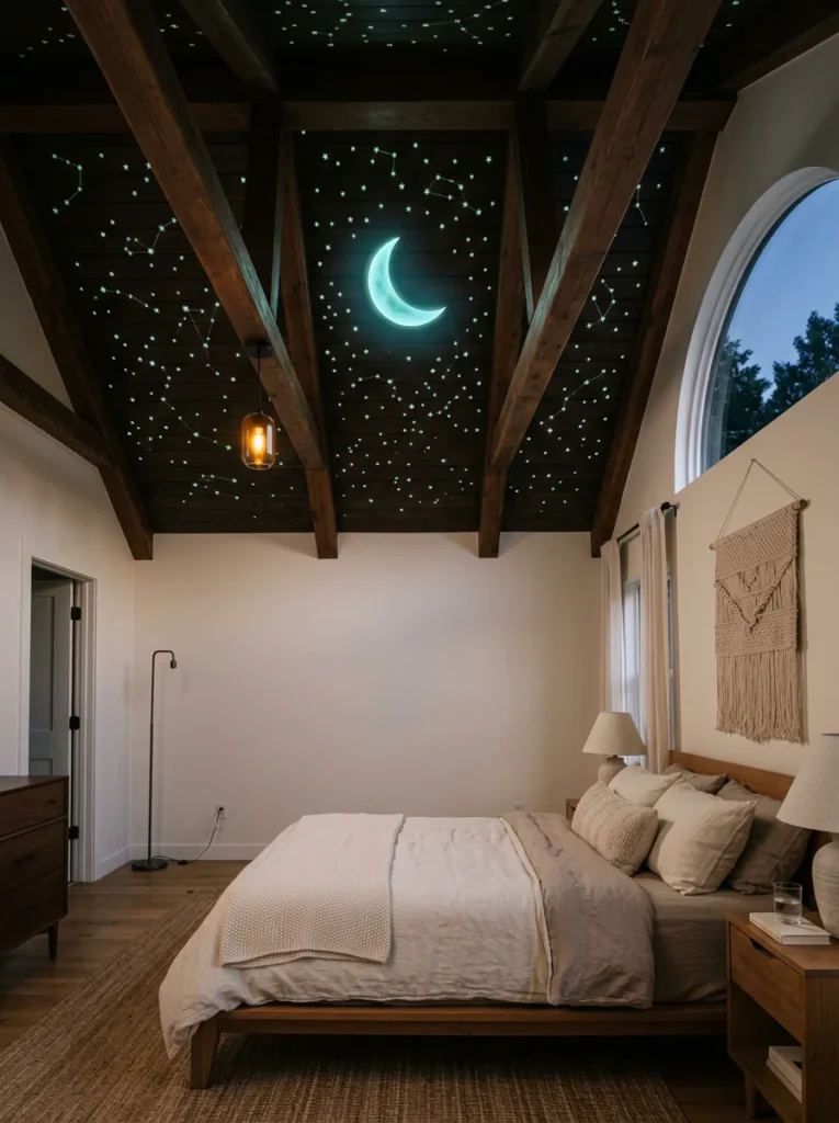 Low-profile bedroom featuring starry constellation ceiling art with a glowing moon, low wood bed platform, and warm lighting inspired by no bed frame bedroom ideas