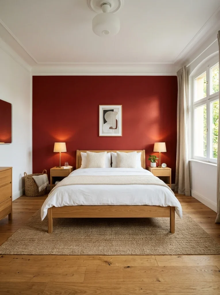 Modern minimalist bedroom featuring white and red bedroom ideas, showcasing a rich red focal wall behind a light wood bed with crisp white bedding.