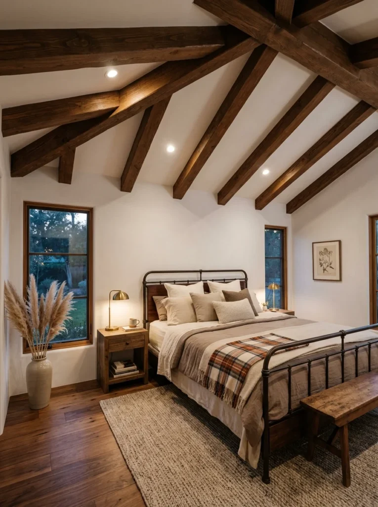Cozy rustic bedroom with vaulted ceiling featuring exposed dark wood beams, neutral linen bedding, and a matching wood nightstand
