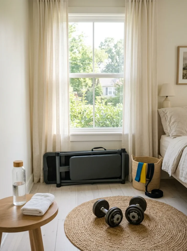 Space-saving workout corner showcasing practical bedroom gym ideas with foldaway exercise equipment, dumbbells, and a woven basket.