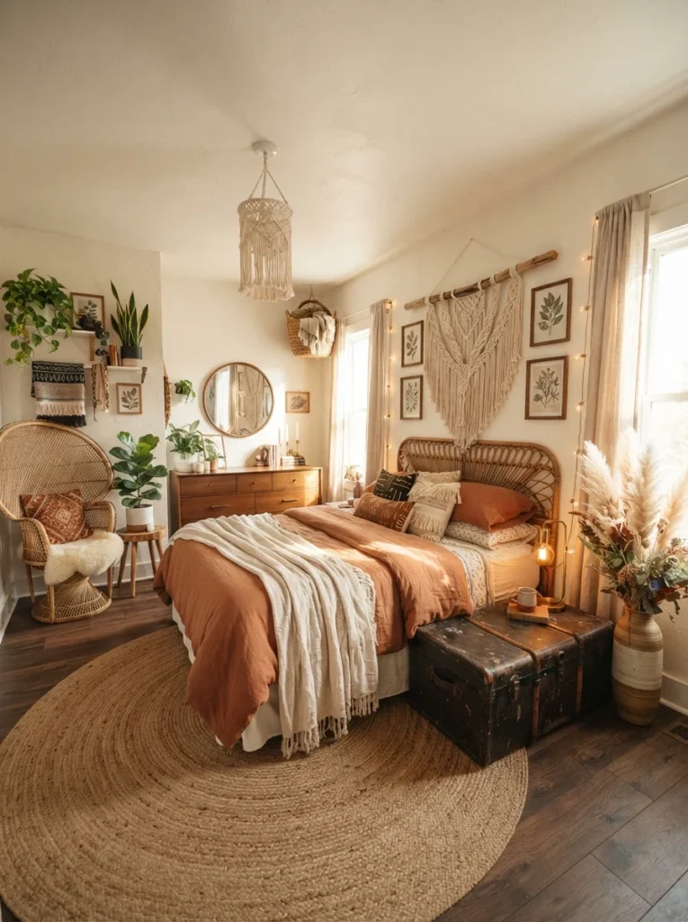 Bohemian bedroom showcasing clever hide cpap machine ideas using a vintage black storage trunk as a bedside table next to a rattan headboard.