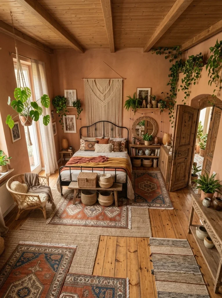 Earthy bohemian bedroom showcasing black wrought iron bed decorating ideas, featuring a metal spindle bed frame against terracotta walls with a large macramé tapestry.