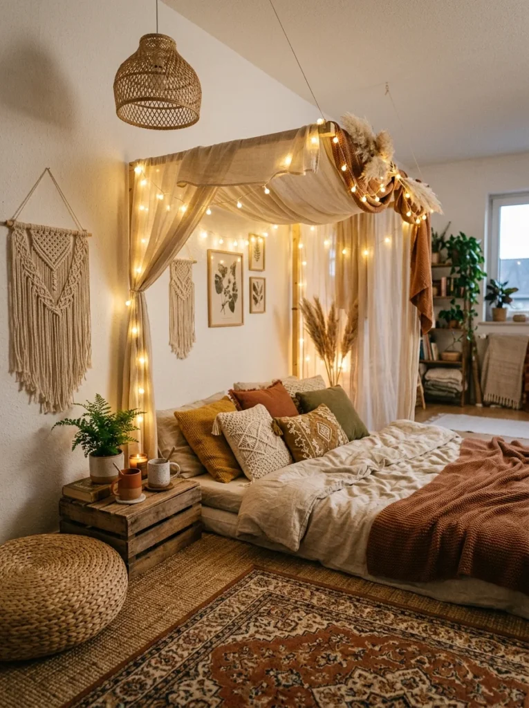Cozy bohemian bedroom setup showcasing sleepover aesthetic ideas with a canopy floor bed, warm string lights, and macrame decor.