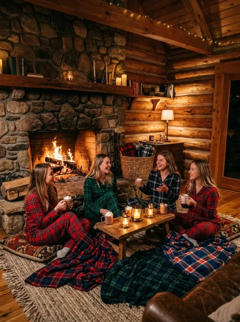 Cozy cabin gathering showcasing adult pajama party ideas with friends in plaid pajamas enjoying hot drinks by a roaring stone fireplace.