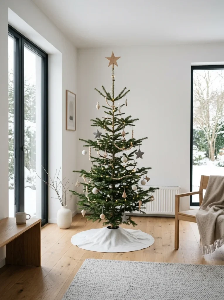 Minimalist living room displaying Scandinavian christmas tree ideas with wooden ornaments, neutral garlands, and a simple star topper.
