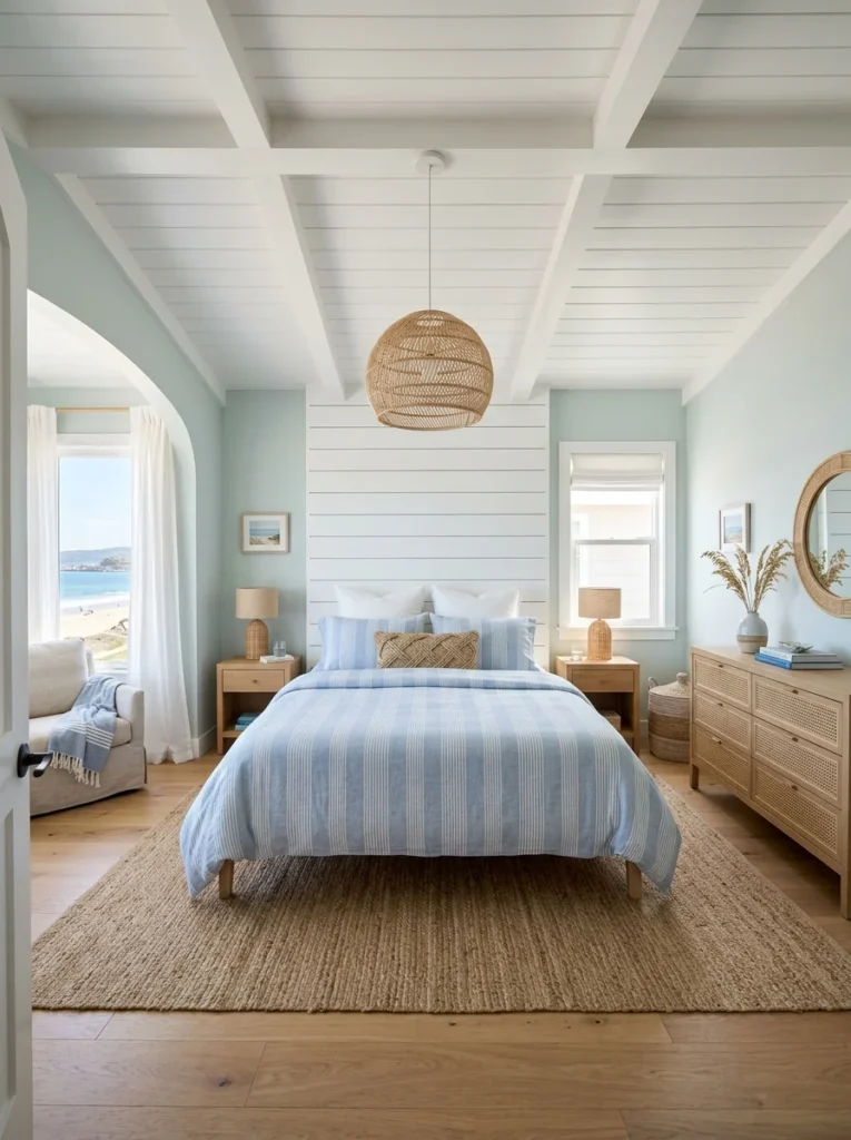 Coastal bedroom featuring stylish diy wood headboard ideas with a floor-to-ceiling white painted shiplap accent headboard behind a light blue bed