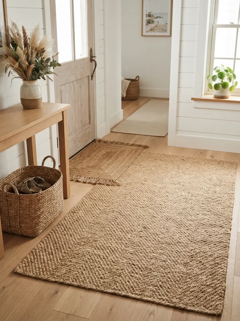 Bright entryway featuring coastal home decor ideas with woven jute rugs, a light wood console table, and a rustic storage basket