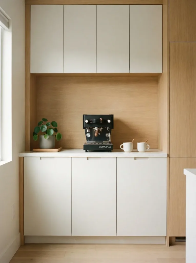 Minimalist kitchen nook displaying coffee bar ideas with a black espresso machine, cream-colored cabinets, and a natural wood backsplash