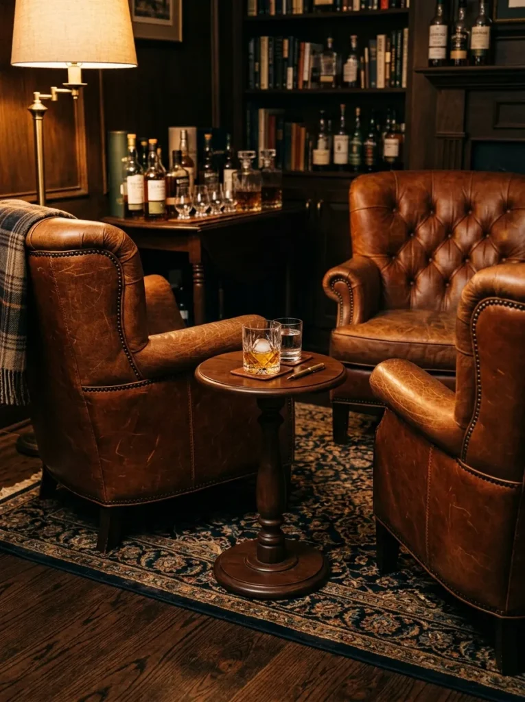 Sophisticated home whiskey lounge ideas featuring chesterfield leather armchairs, a small wooden pedestal table with a whiskey glass, and a dark wood bar cabinet