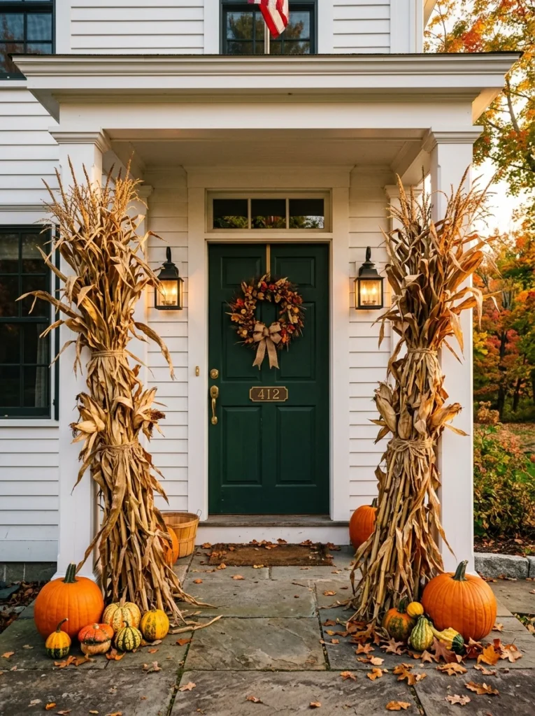 Charming front porch showcasing outdoor fall decor ideas with corn stalk stalks, pumpkins, gourds, and a festive wreath on a dark green door.
