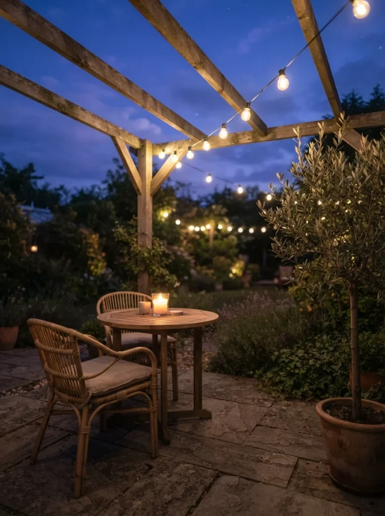 Cozy evening backyard setup showcasing patio decorating ideas with a small wooden bistro table, rattan chairs, and glowing string lights hung from a wooden pergola