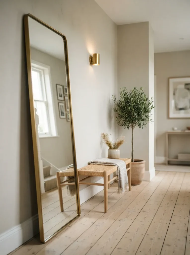 Elegant hallway displaying stylish entryway ideas with a tall gold-framed leaning mirror, a woven wooden bench, and warm lighting
