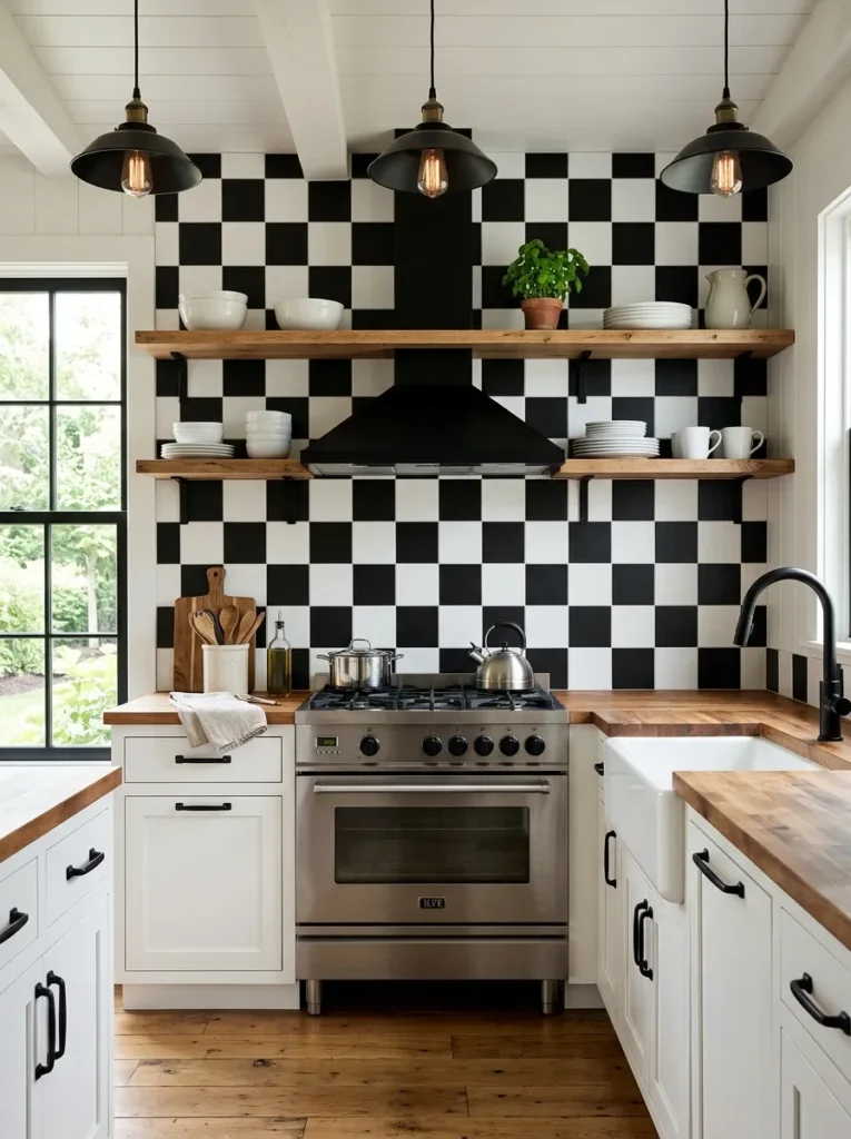 Bold kitchen layout displaying backsplash ideas for white kitchen cabinets with a black and white checkered tile wall, butcher block countertops, and floating wood shelves