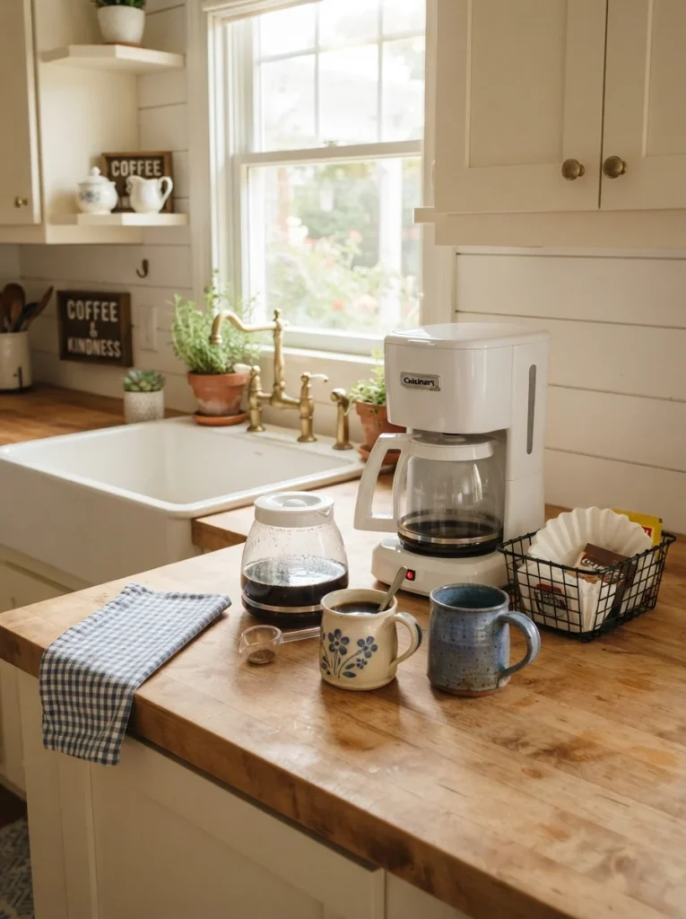 Cozy farmhouse kitchen displaying Wayfair coffee bar essentials with a white Cuisinart coffee maker, mugs, a wire storage basket, and wooden countertops.