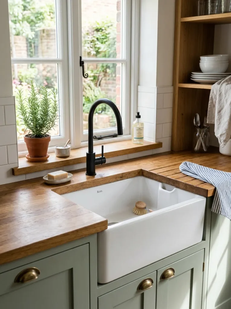 Charming farmhouse kitchen design featuring a white apron front sink, a matte black gooseneck faucet, wooden countertops, and sage green shaker cabinets