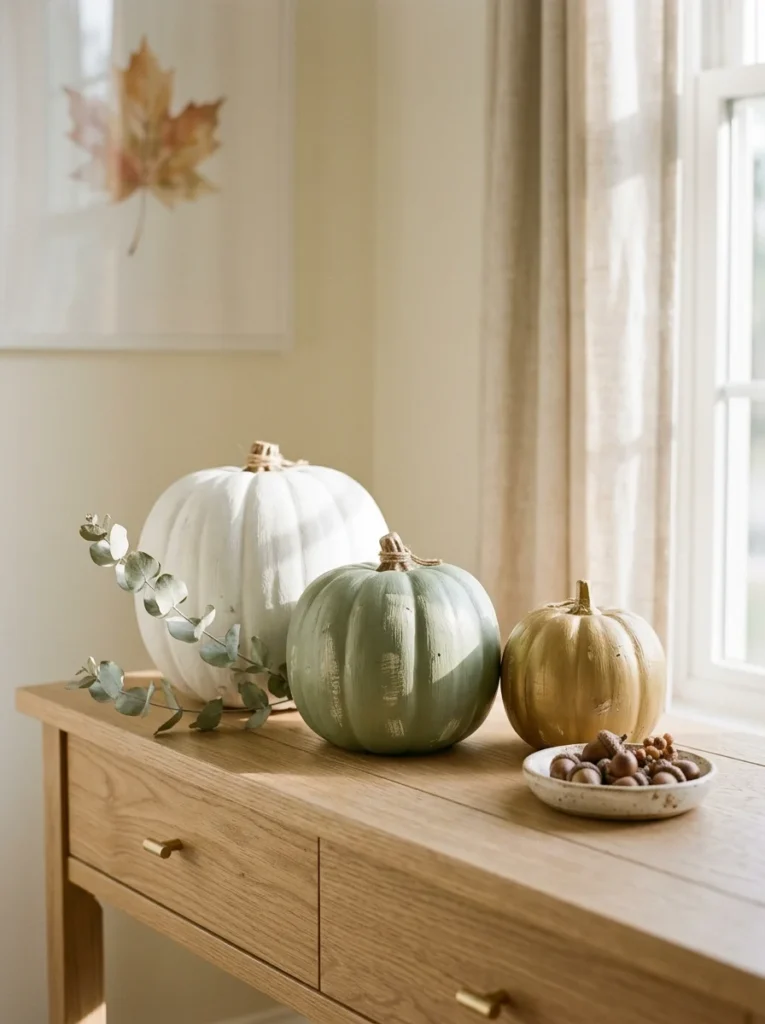 Cozy room corner displaying simple indoor fall decor ideas with white, sage green, and metallic gold pumpkins styled on a wooden console table