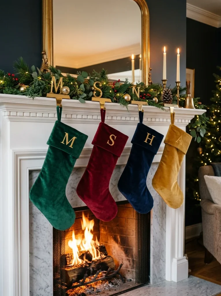 Opulent fireplace mantel showcasing luxury christmas decor with jewel-toned velvet stockings, brass stocking holders, and lush evergreen garland.