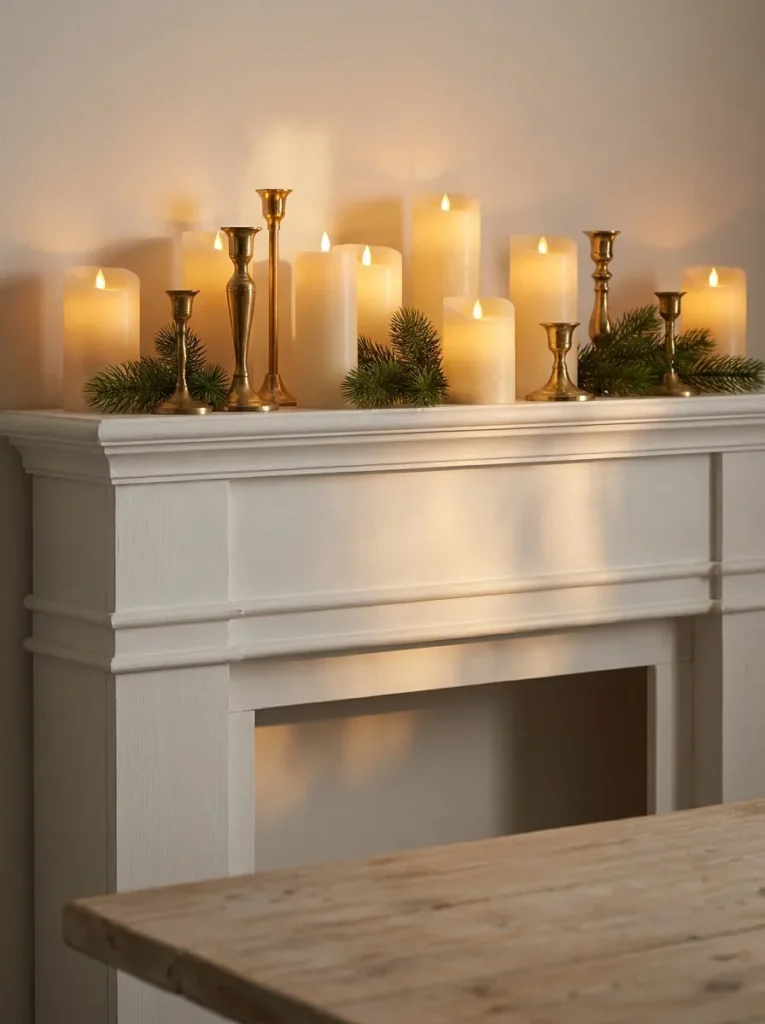 Cozy Christmas mantle decor ideas featuring glowing pillar candles, brass candlesticks, and pine greenery sprigs on a white fireplace