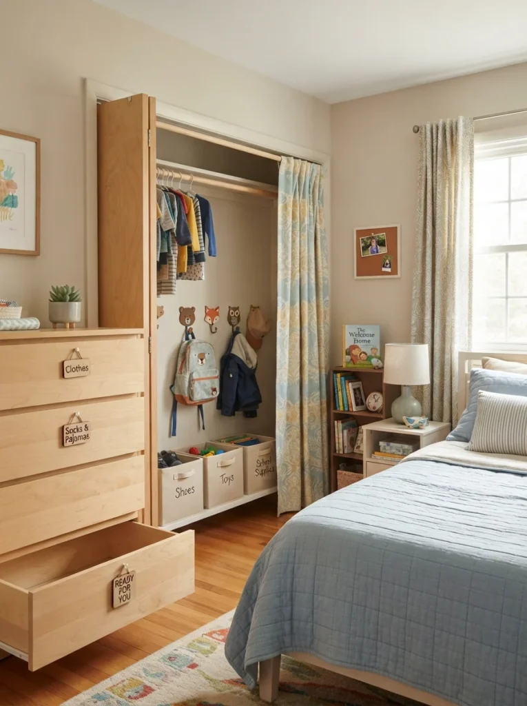 Organized child bedroom featuring a wooden dresser with labeled drawers, open closet with hanging space, and light blue bedding fulfilling ideas for foster child bedroom requirements