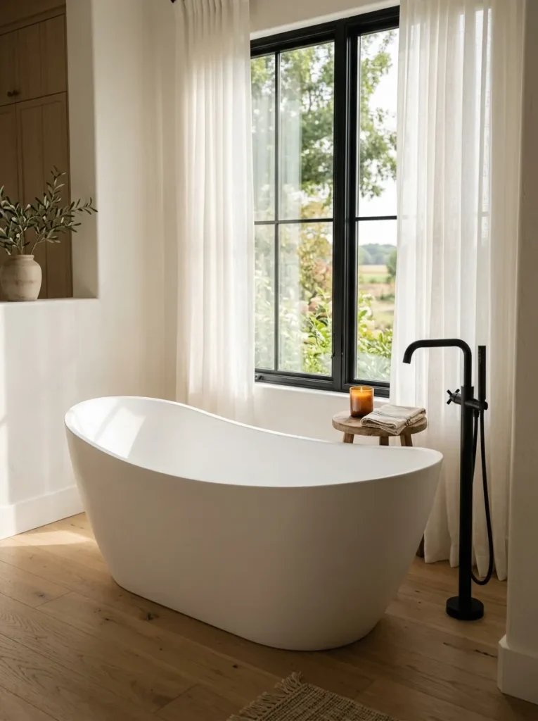 Bright modern farmhouse bathroom featuring a white freestanding soaking tub, a matte black floor-mount faucet, and light oak floors