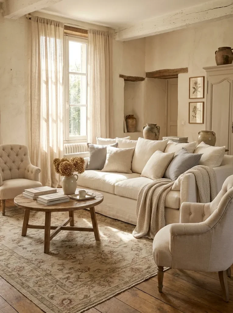 A warm French Country living room ideas featuring a cream sofa, tufted armchairs, a round rustic wood coffee table, and natural linen curtains