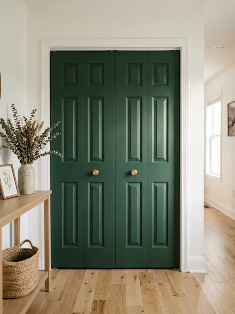 Stylish hallway makeover showcasing diy closet door ideas with forest green painted bifold doors and modern brass knobs