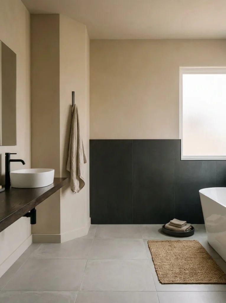 Minimalist japandi bathroom design featuring a floating dark wood vanity shelf, a white vessel sink with a black faucet, and large charcoal grey wall tiles