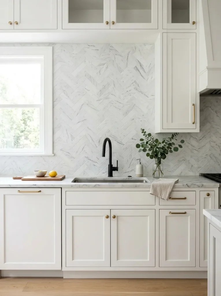 Bright kitchen showcasing elegant kitchen backsplash ideas with a white marble herringbone tile design, white shaker cabinets, and a matte black faucet
