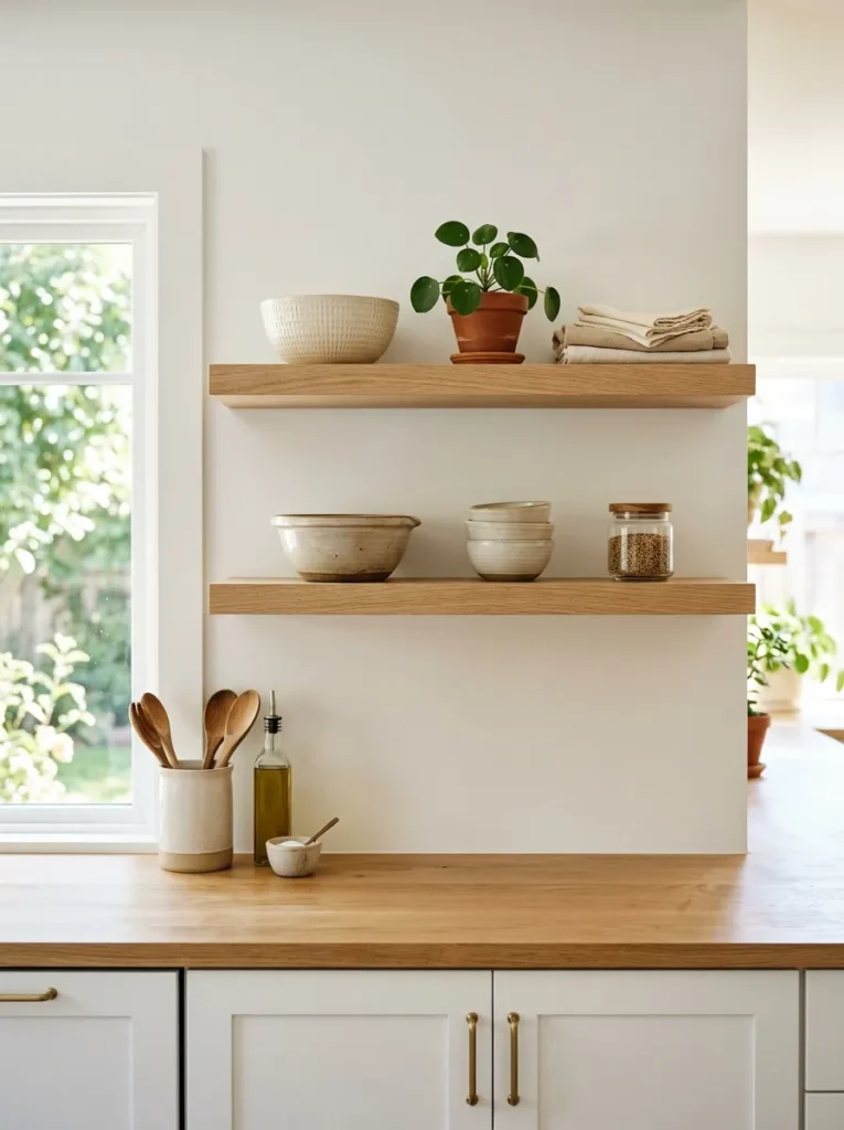 Minimalist white with white oak kitchen design featuring floating wood shelves, a warm oak countertop, and white shaker-style lower cabinets with brass handles