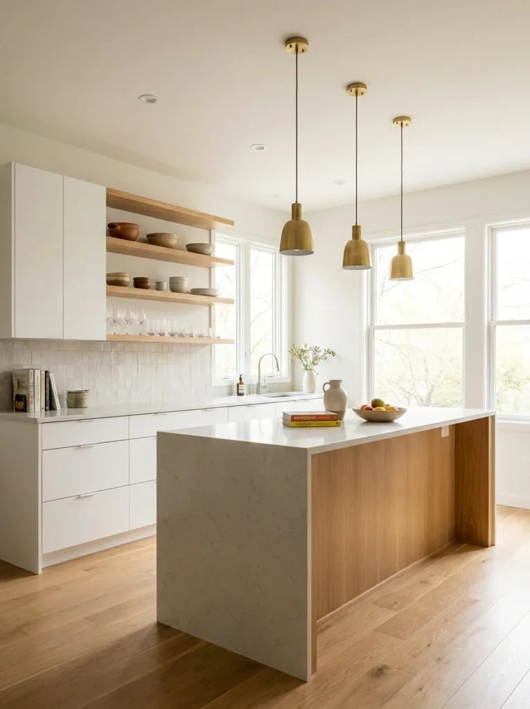 Bright modern space showcasing white kitchen ideas with minimalist flat-panel cabinets, a waterfall quartz island with a wood base, and gold pendant lights