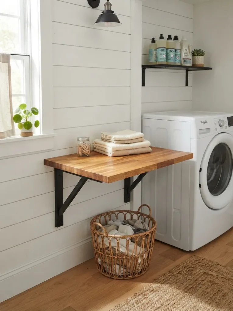 Space-saving setup highlighting small laundry room ideas with a wall-mounted folding wood table, a wicker laundry basket, and a front-load washing machine