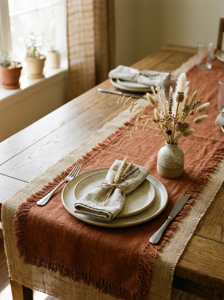 Warm and inviting dining setting showcasing fall table decor with a terracotta runner, layered speckled plates, and a dried floral centerpiece.