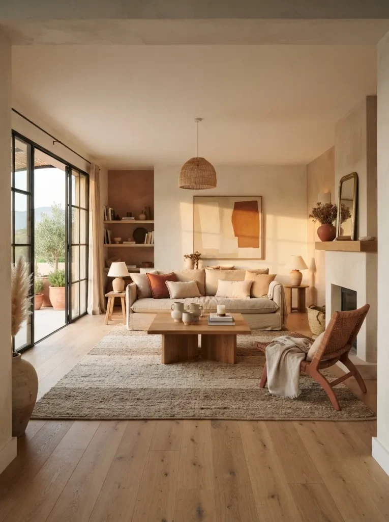 Warm organic modern living room ideas featuring a beige linen sofa, a chunky wooden coffee table, a woven pendant light, and a textured area rug