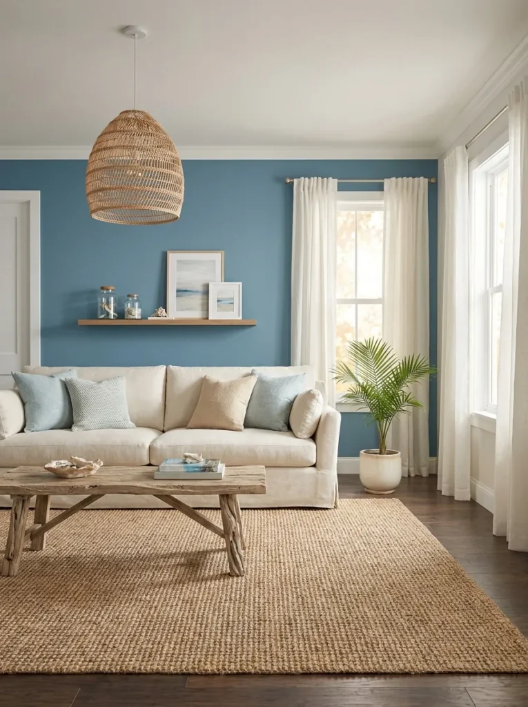 Bright coastal living room ideas featuring a blue accent wall, a cream sofa with light blue pillows, a driftwood coffee table, and a woven rug.