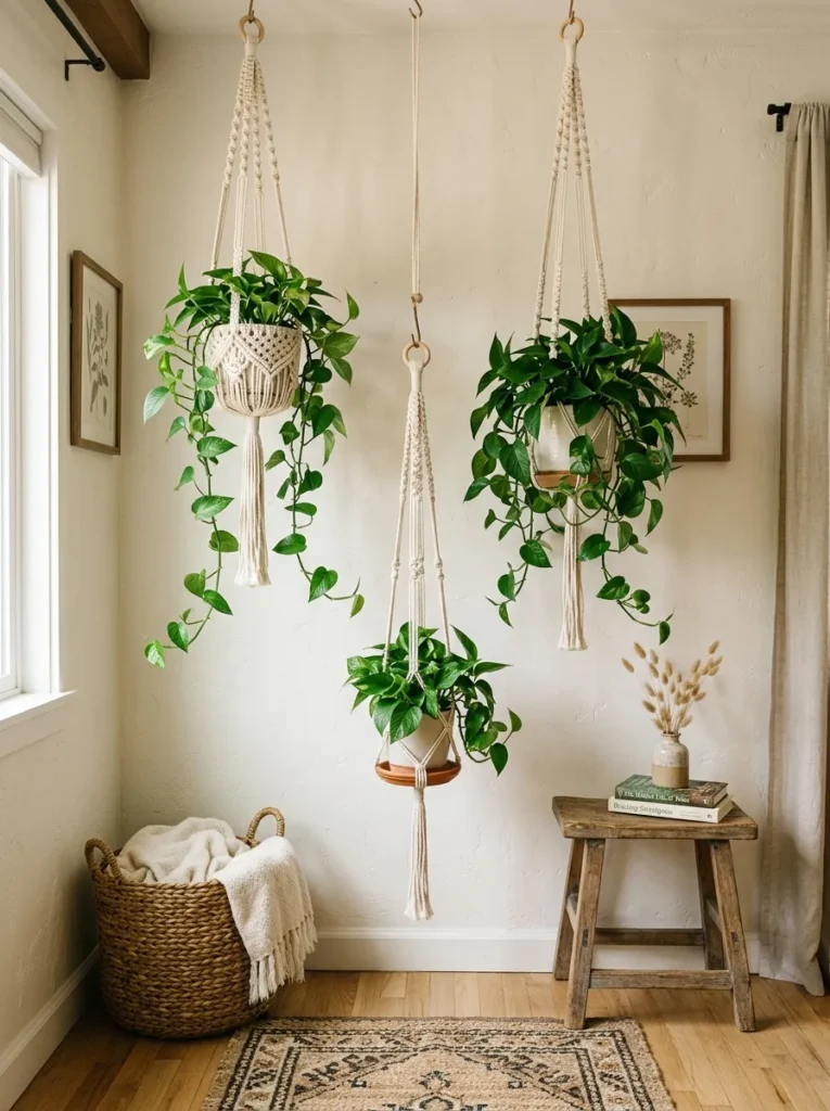 Charming Boho living room ideas featuring trailing pothos plants in macrame plant hangers, a rustic wooden stool, and a woven storage basket
