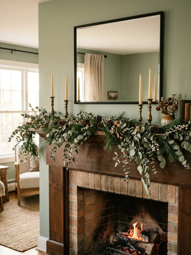 Cozy living room setup showcasing elegant fall mantle decor with a lush eucalyptus garland, pinecones, brass candlesticks, and a glowing fireplace