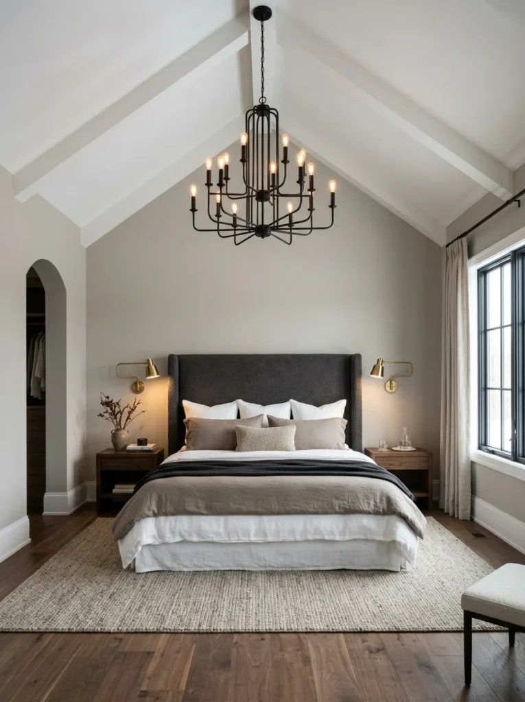 Spacious primary suite highlighting vaulted ceiling master bedroom ideas with a black wrought-iron chandelier and upholstered bed.