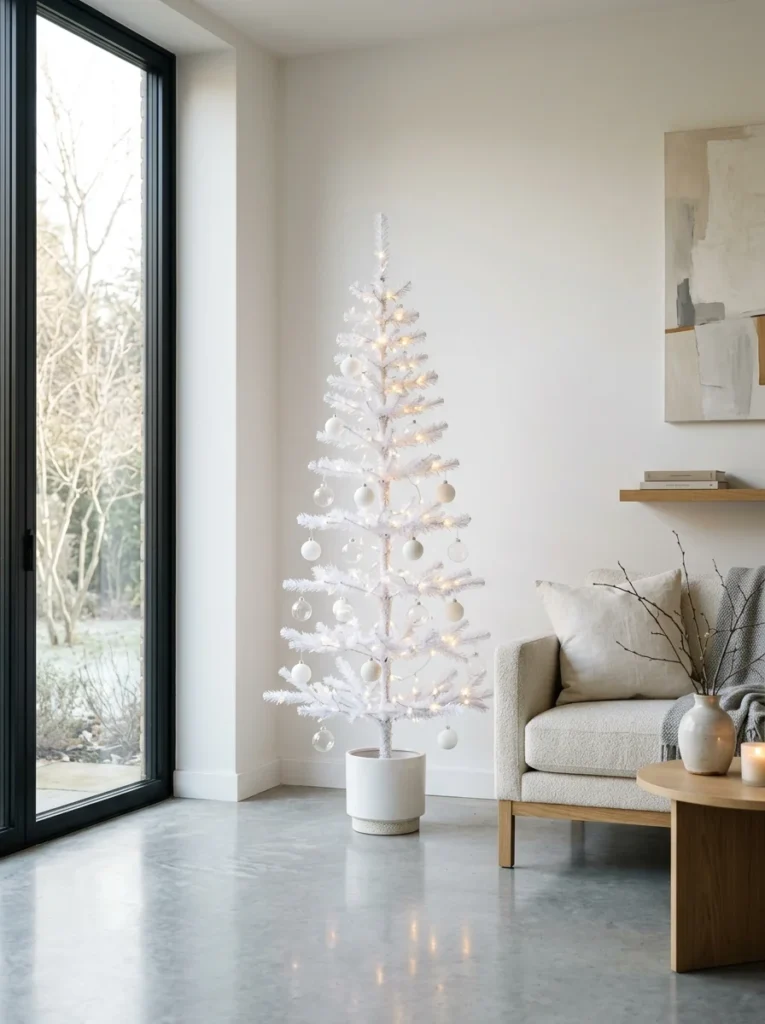 Minimalist modern living room displaying white christmas tree ideas with translucent glass baubles and warm fairy lights in a sleek white pot